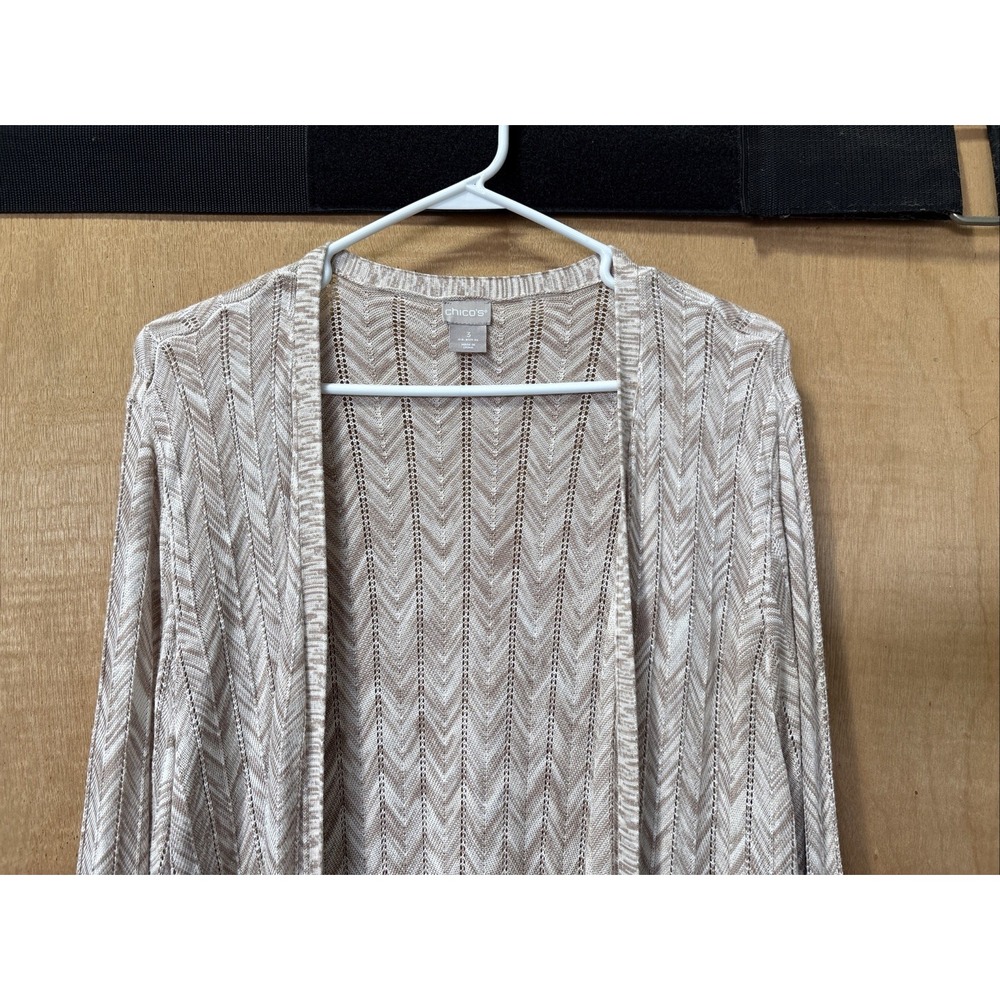 Chicos Open‎ Front Long Cardigan Sweater Size 3 Tan and Brown 3/4 Sleeve